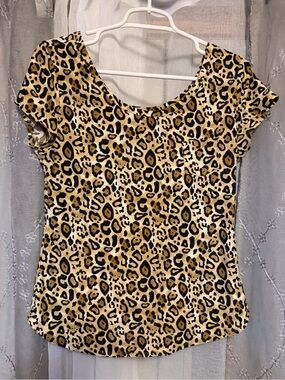 Leopard Print Scoop Neck Long Sleeve Top in Beige and Black